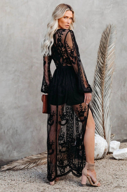 Deep V Neck Floral Lace Embroidered Long Sleeve Side Slit Maxi Dress