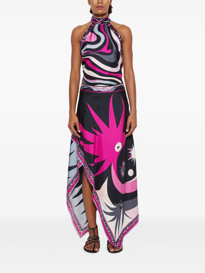 Satin Halter Neck Backless Top And Skirt Two-piece Set