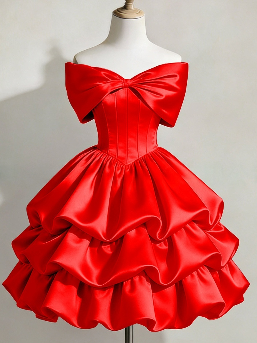 Satin Off-shoulder Bow Design Multi-layered Short Dress