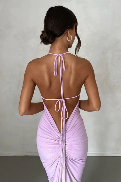 Deep V Back Tie Strap Ruched Gathered Back Bodycon Maxi Dress