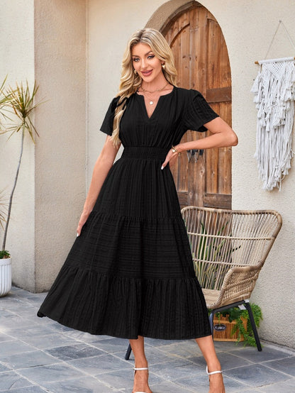 V-neck, Gathered, Puff Sleeve, Full Skirt, Short-sleeved Long Dress