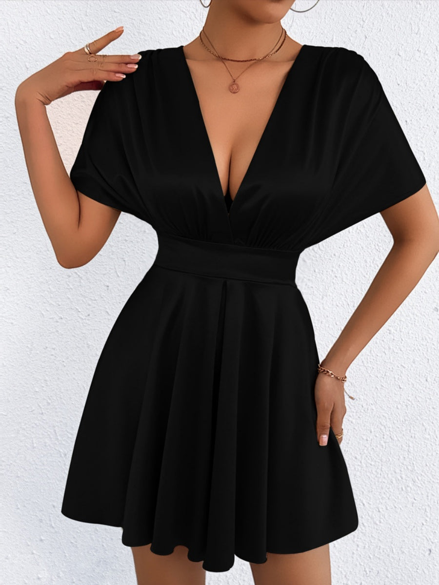 V-neck, Fitted Waist, Zippered, Glossy Short Dress