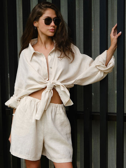 Pure Cotton Loose-fit Long-sleeved Shirt Loose Shorts Set 2-piece Sets