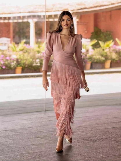 Long Sleeve Deep V Tassel Maxi Dresses