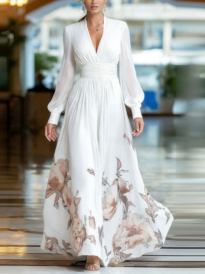 Mesh-paneled Fitted Floral Print Long Dress
