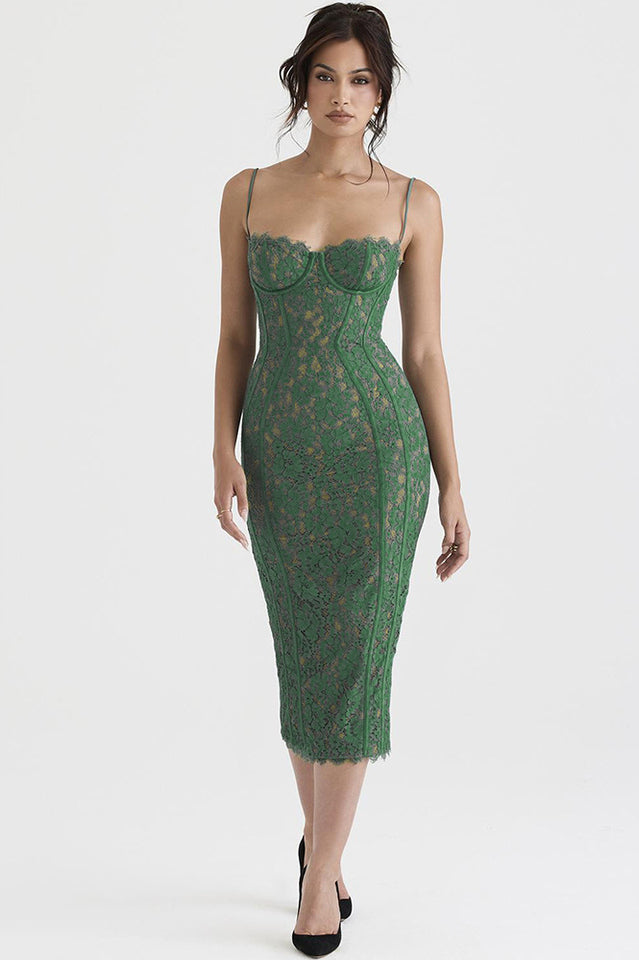Corset Bodice Floral Lace Spaghetti Strap Scalloped Hem Midi Dress