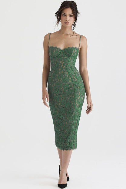Corset Bodice Floral Lace Spaghetti Strap Scalloped Hem Midi Dress