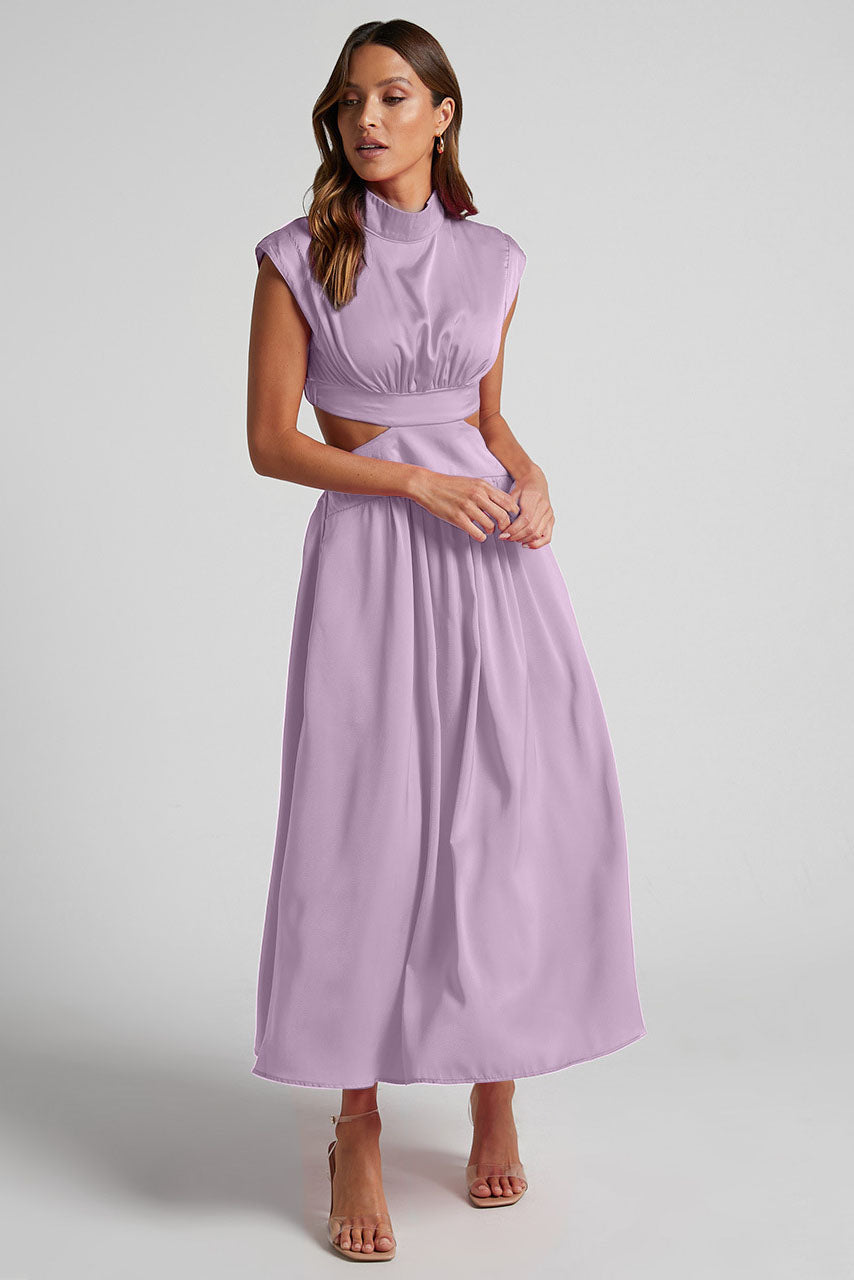 Mock Neck Ruched Bodice Waist Cut Out Flowy Midi Dress