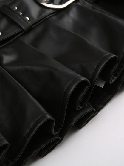 PU Leather Riveted And Stitched Belt With Slits And Pleats Skirts