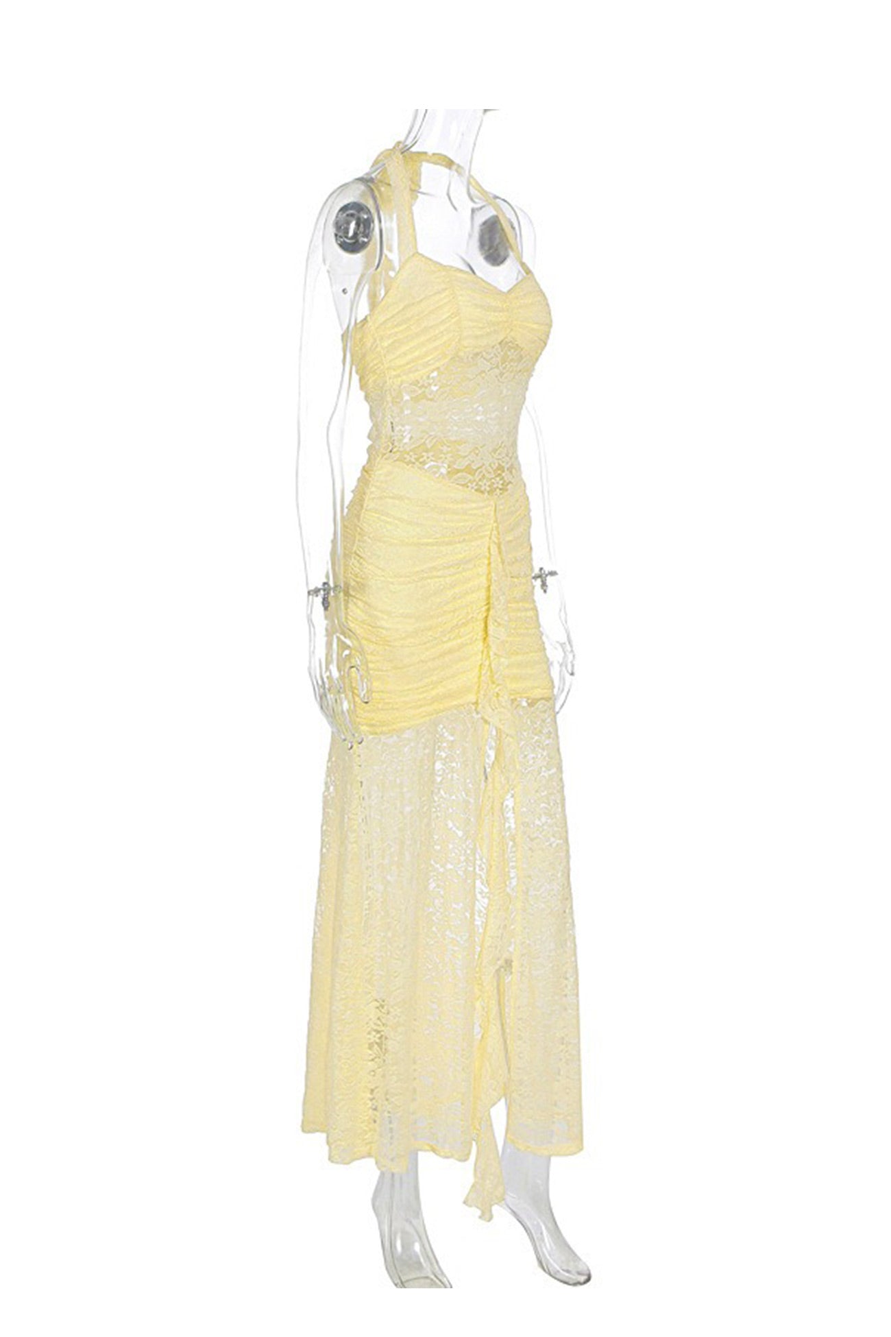 Halterneck Lace Patchwork Ruched Dress