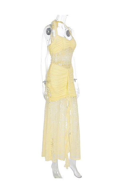 Halterneck Lace Patchwork Ruched Dress