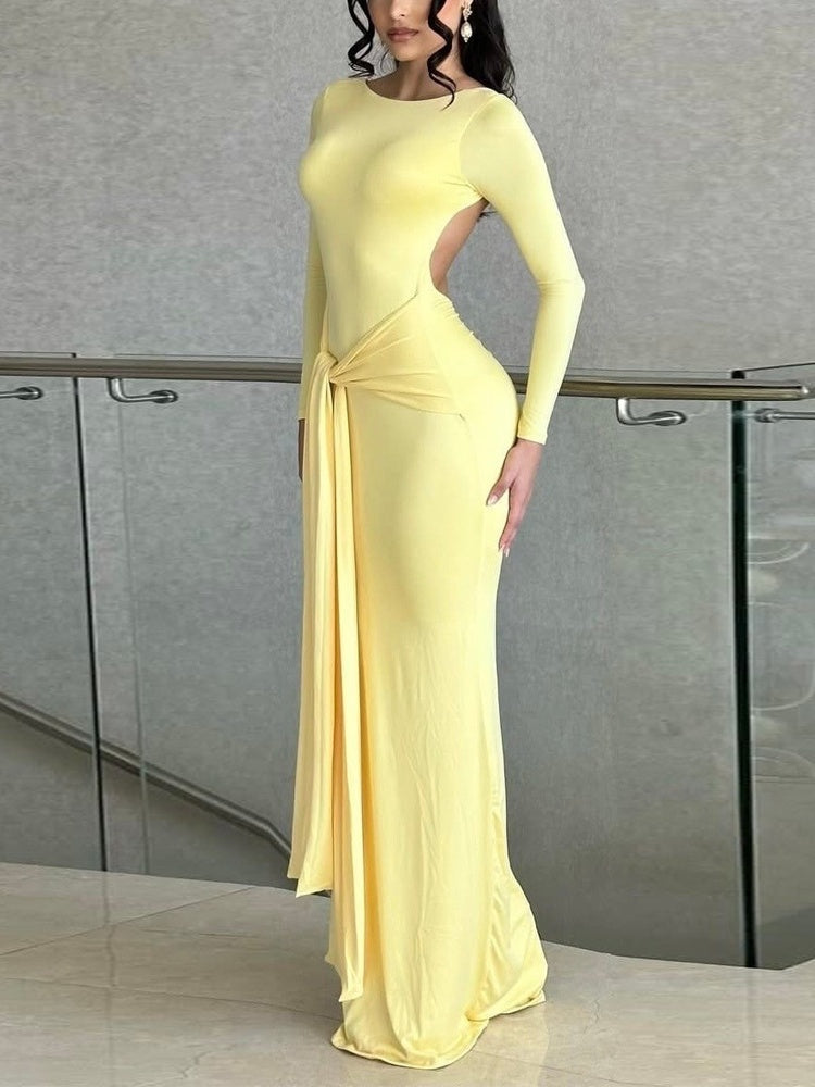 Kink Solid Color Waist-cinching Backless Long Dress