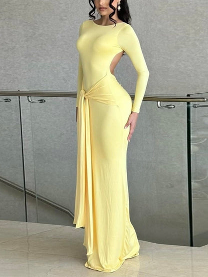 Kink Solid Color Waist-cinching Backless Long Dress
