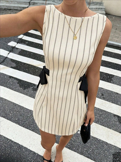 Stripes Sleeveless Reversible Bow Mini&Short Dresses