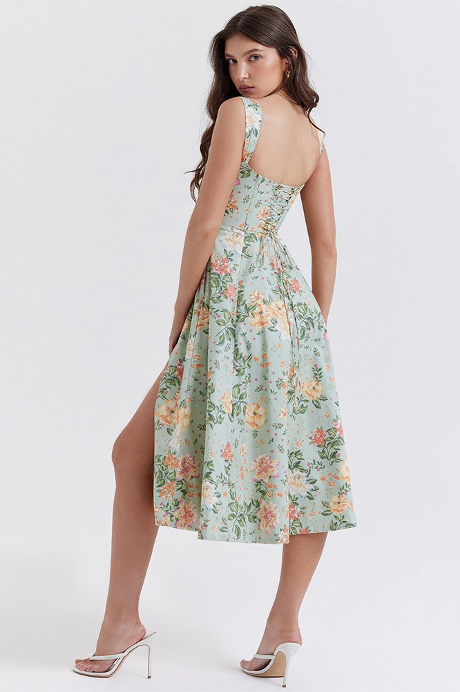 Thick Strap Sweetheart Corset Bodice Ditsy Floral Print A-Line Midi Dress