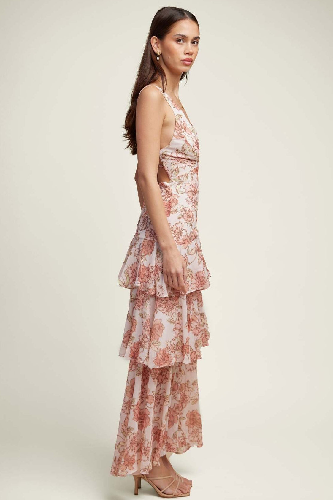 Deep V Neck Sleeveless Tiered Ruffle Floral Maxi Dress