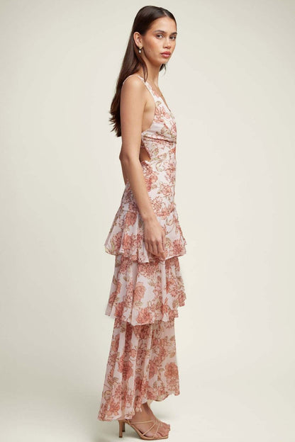 Deep V Neck Sleeveless Tiered Ruffle Floral Maxi Dress