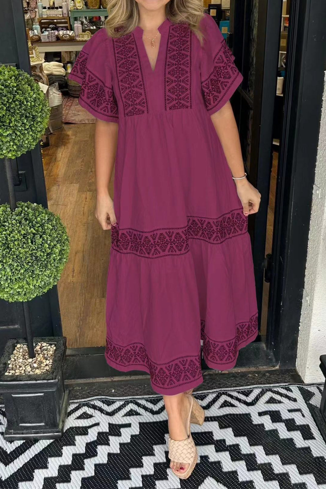 Mandarin Collar Flutter Sleeve Embroidered Trim Tiered Boho Midi Dress