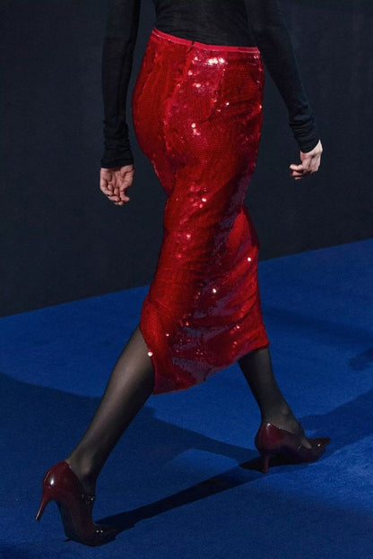 High Waist Sequin Slit Bodycon Skirt