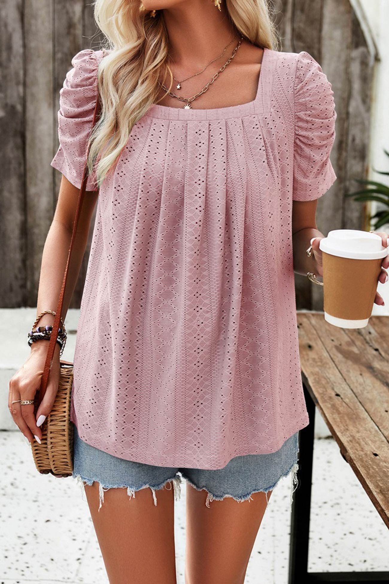 Square Neck Puff Sleeve Hollow Out Blouse
