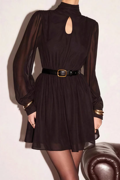 Mock Neck Keyhole Sheer Puff Sleeve Belted Pleated Mini Dress