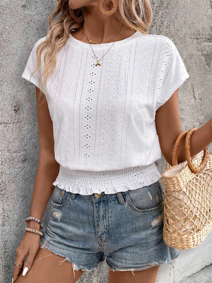 Minimalist Textured Solid Color Cutout T-shirt