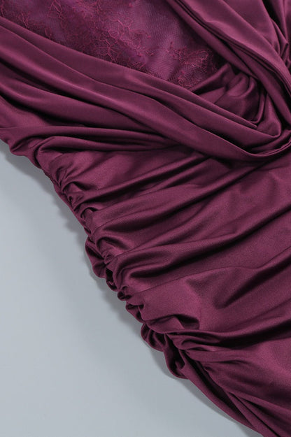 Mock Neck Lace Cowl Overlay Ruched Column Maxi Dress