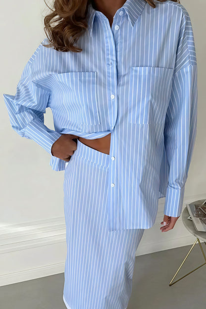 Striped Color Block Slit Long Sleeve Skirt Set
