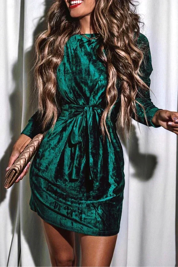 Crew Neck Tie Front Knot Crushed Velvet Long Sleeve Mini Dress