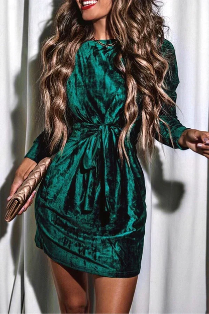 Crew Neck Tie Front Knot Crushed Velvet Long Sleeve Mini Dress