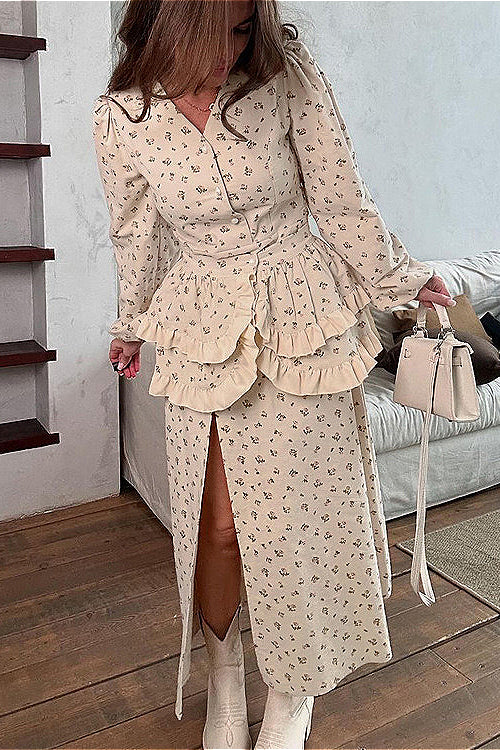 Puff Sleeve V Neck Ruffled Belted Split Elegant Floral Dress
