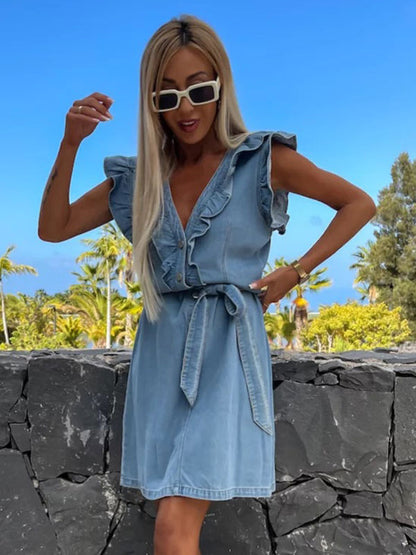 Summer Dress Light Sky Blue V-Neck Ruffles Belted Beach Mini Dress