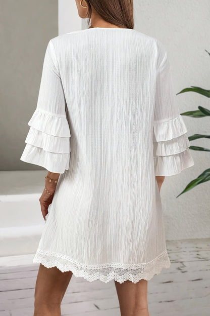 Embroidered V-Neck Tassel Tie Pom Trim Tiered Ruffle Sleeve Lace Hem Mini Dress