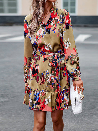Long Sleeves Loose Printed Split-Joint Tied Waist V-Neck Mini Dresses