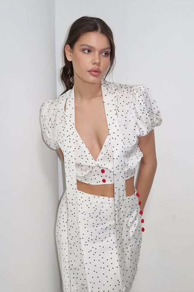Polka Dot Satin V Neck Crop Top Mermaid Skirt Set