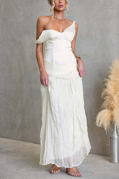 Zariyah Satin Bodice Asymmetric Neck Tie-up Waist Chiffon Hem Maxi Dress