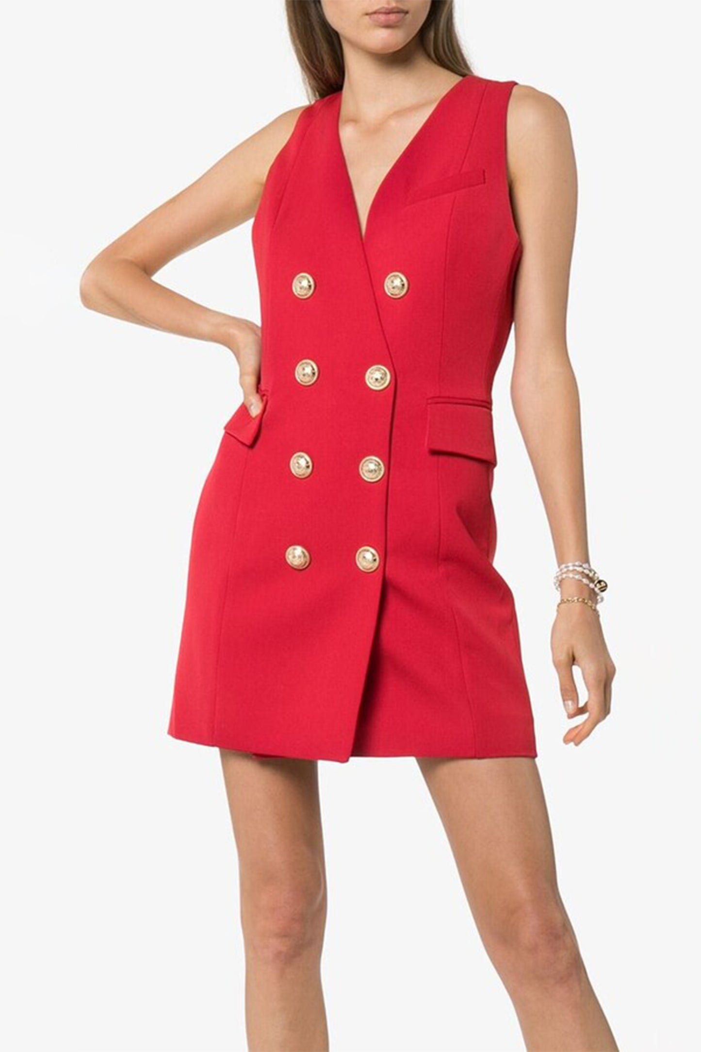 Metal Button Double Breasted Sleeveless Mini Dress