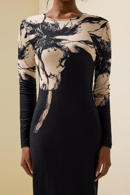 Floral Boat Neck Long Sleeve Midi Dress