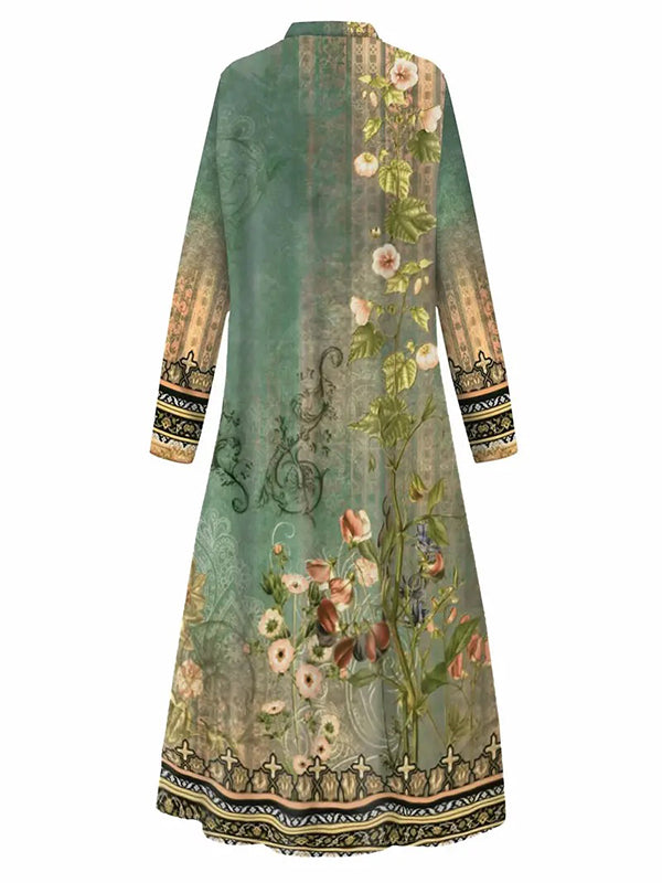 Long Sleeves Loose Buttoned Flower Print Split-Joint Lapel Maxi Dresses Outerwear Shirt Dress
