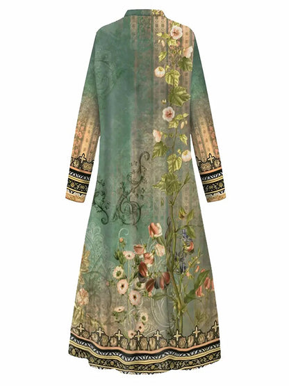 Long Sleeves Loose Buttoned Flower Print Split-Joint Lapel Maxi Dresses Outerwear Shirt Dress
