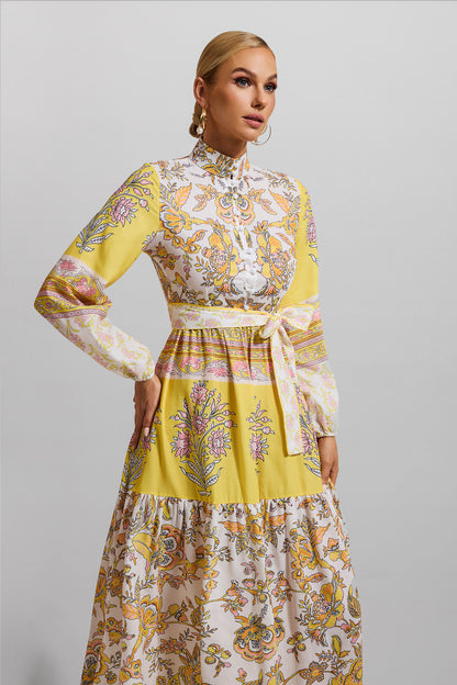 Floral Lantern Sleeve Bottom Midi Dress With Belt