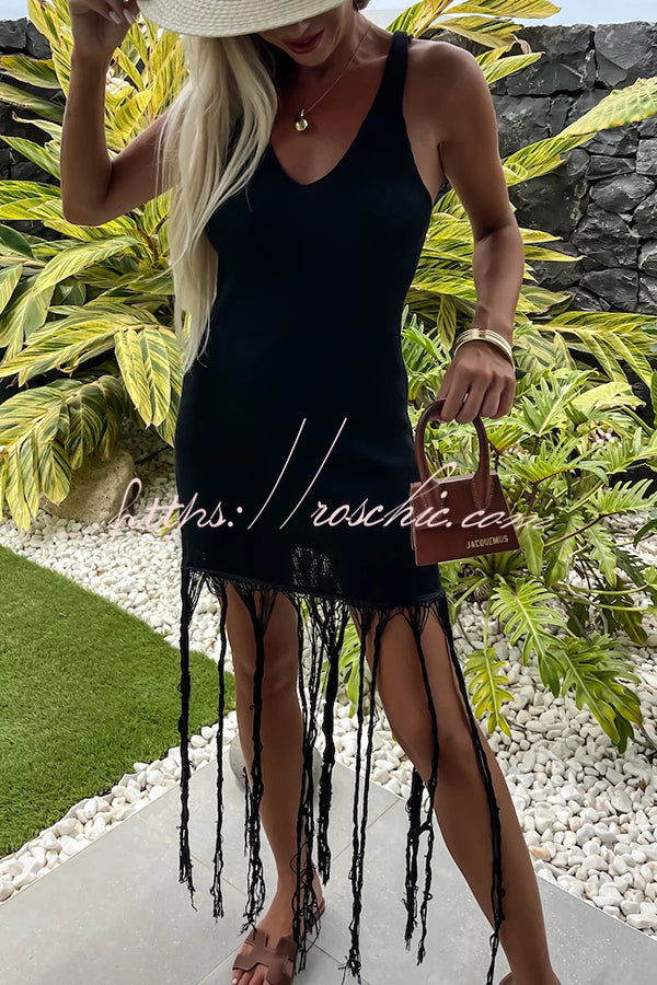 Summer Mood Knit Fringed Hem Back Cross Beach Vacation Maxi Dress