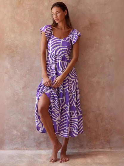 Printed Dress Tiered Cap Sleeves Scoop Neckline Casual Summer Midi Dresses