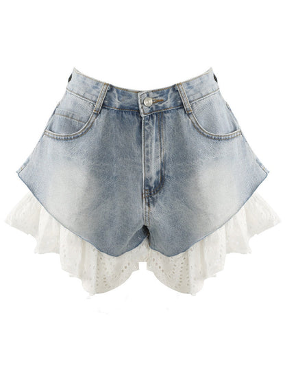 Straight-leg Patchwork Lace Denim Shorts