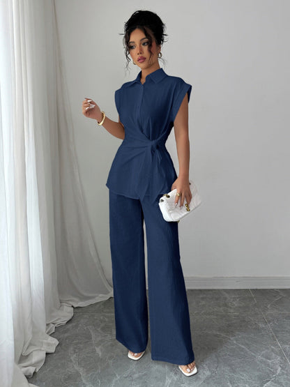 Lapel Sleeveless Kink Shirts Wide-leg Pants Business Suit 2-piece Sets