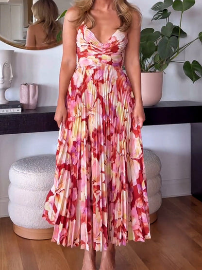 V-neck Camisoles Backless Graffiti Maxi Dresses