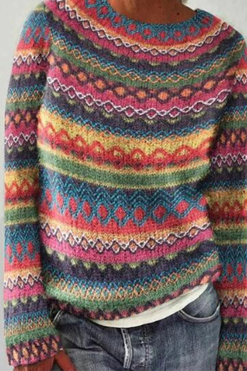 Margovil Crewneck Vibrant Rainbow Chunky Knit Sweater(in 4 Patterns)