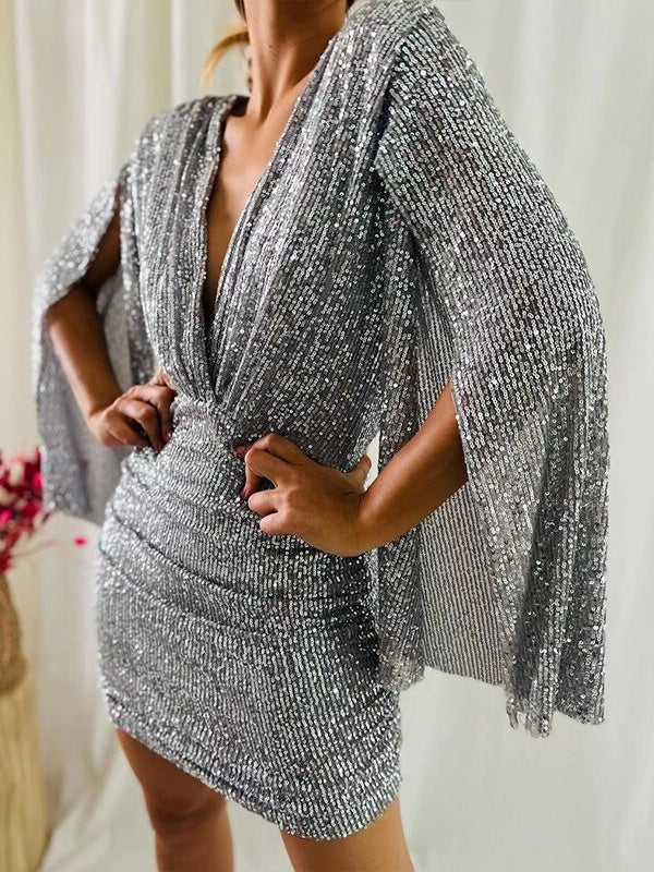 V-neck Bodycon Short Dress With Asymmetrical Hem And Sequins