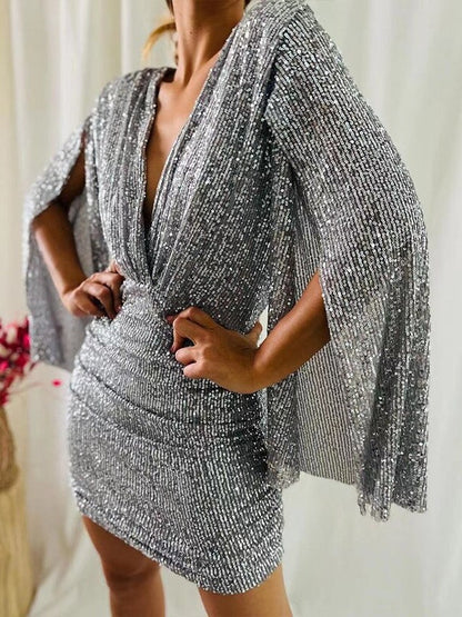 V-neck Bodycon Short Dress With Asymmetrical Hem And Sequins
