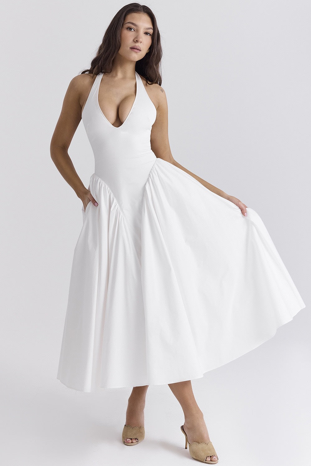 Halter Plunge V-Neck Dropped Waist Gathered Full Skirt Pocket Midi Dress